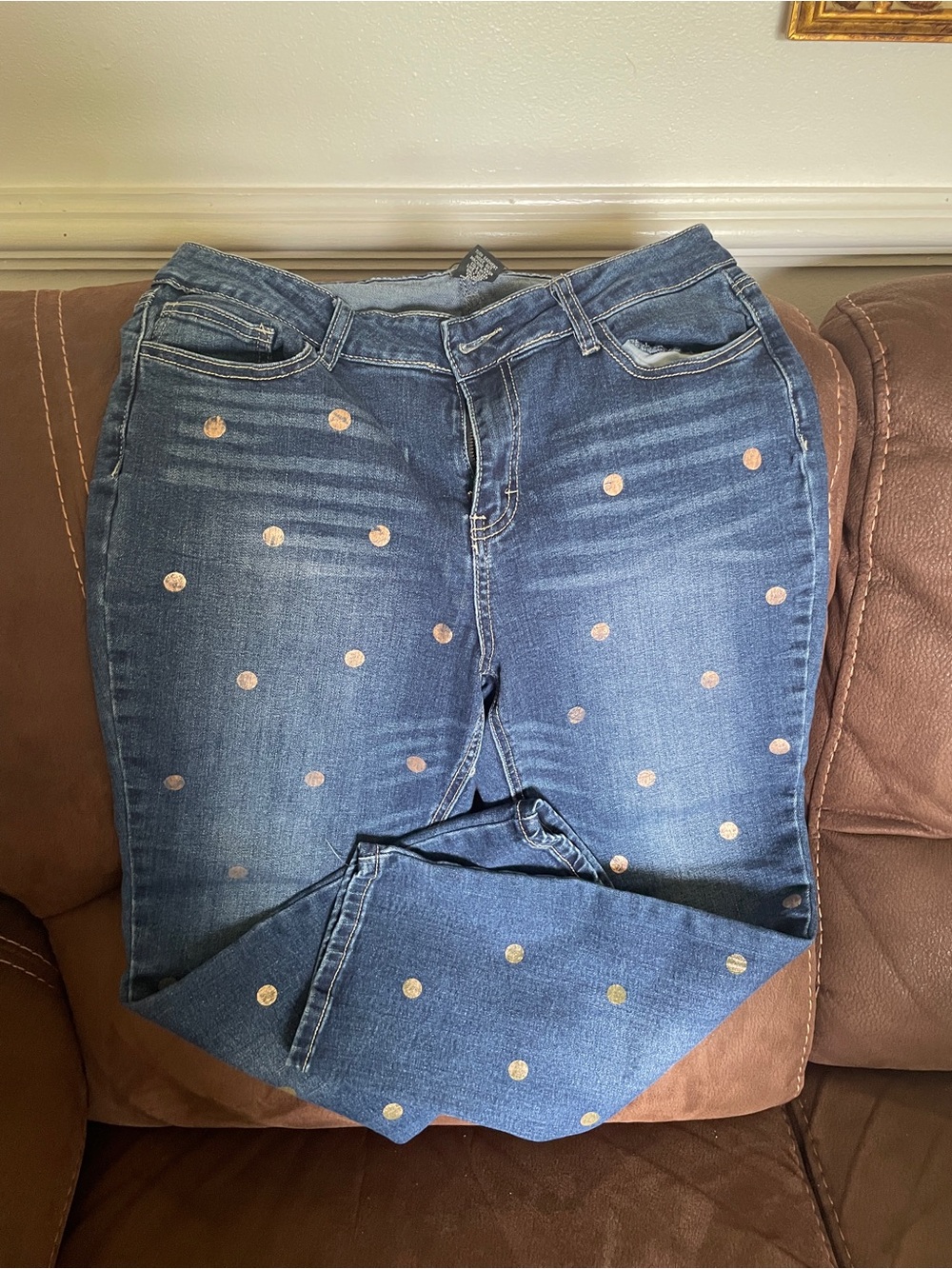 Baccini Blue Skinny Jeans with Rose Gold Polka Dots